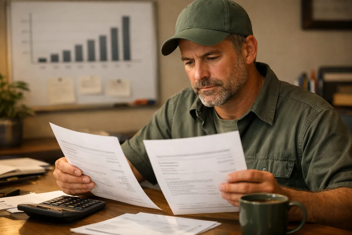 Landscaping business owner comparing printed job estimates at a desk with calculator and revenue chart on whiteboard