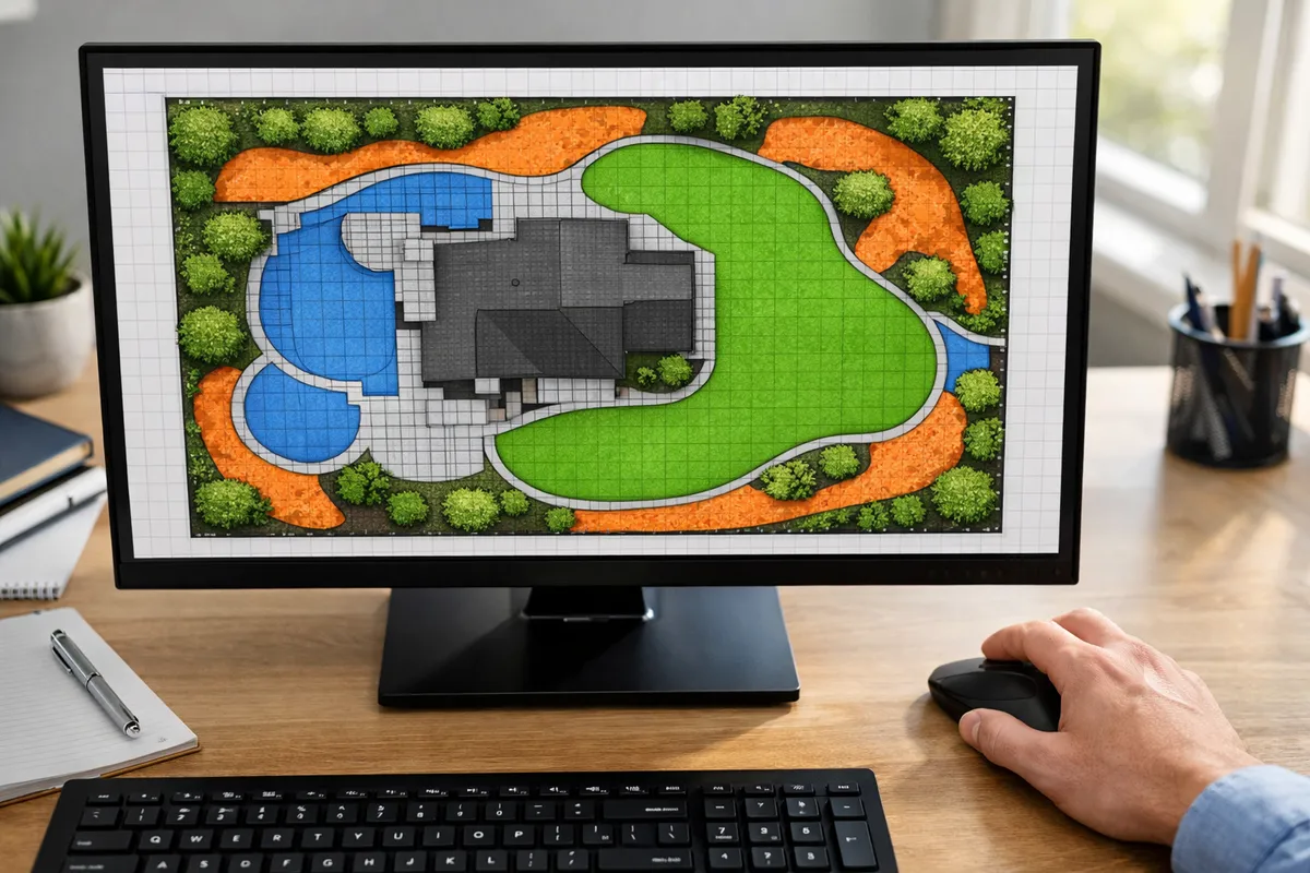 Digital landscape takeoff software displaying a site plan with colored measurement zones for turf, paver, and planting bed areas