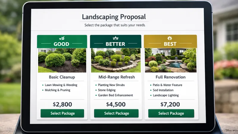 Good better best landscape quote proposal showing three pricing tiers with profit margin on each option