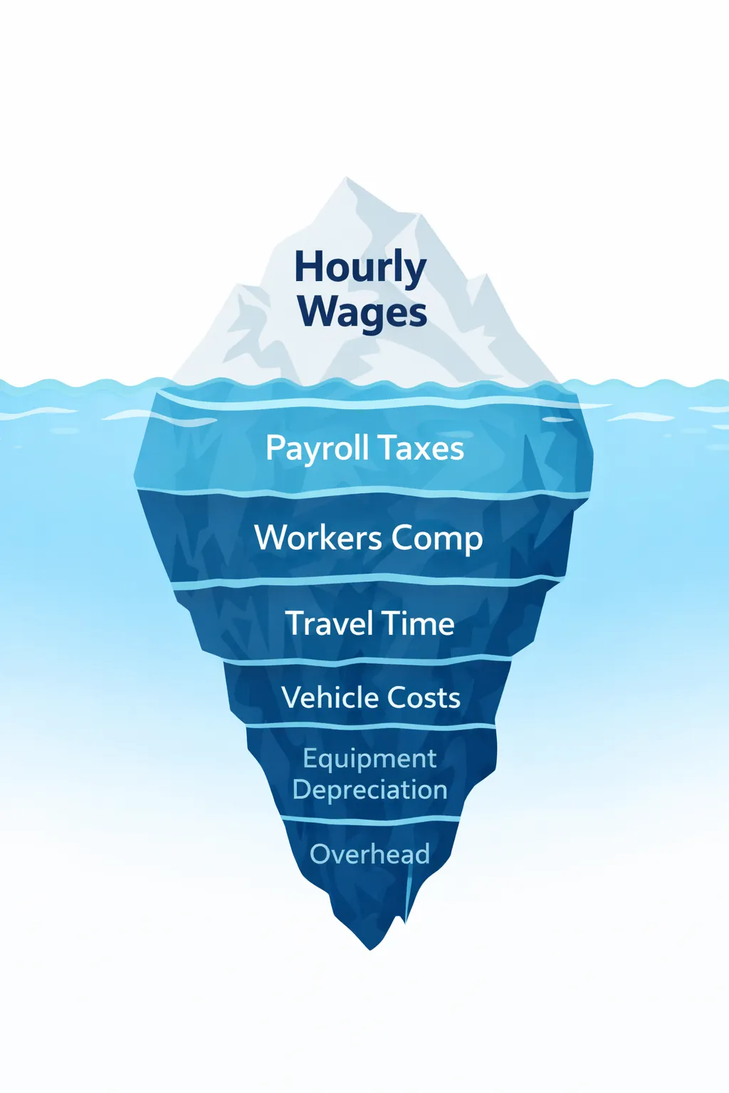Iceberg infographic showing hidden landscaping job costs below the surface: labor burden, workers comp, travel time, vehicle costs, equipment depreciation, and overhead