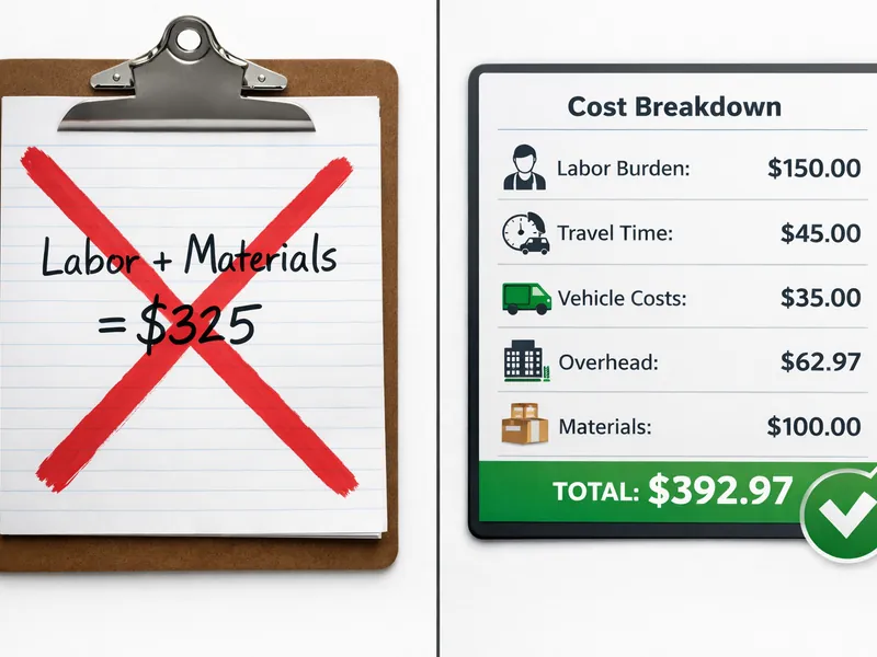 Infographic showing hidden costs in landscaping quotes and estimates including labor burden, drive time, and overhead