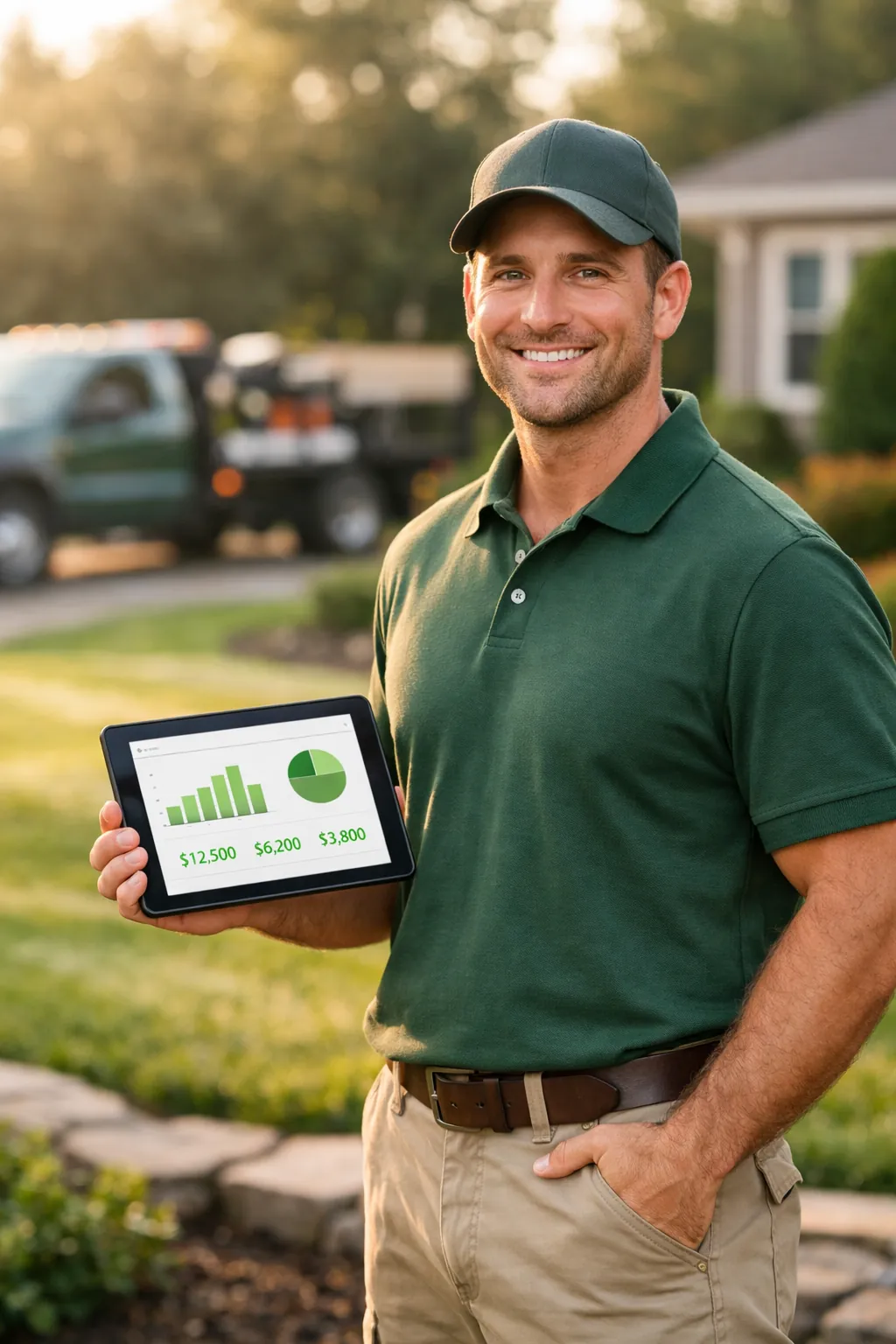 Landscaping contractor holding a tablet showing GreenMargins profit dashboard on a residential job site