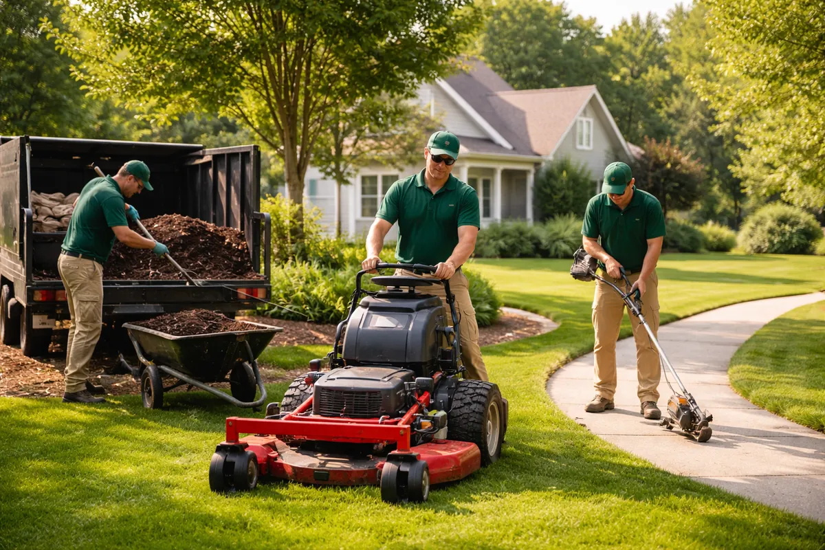 Three-person landscaping crew working on a residential property with commercial mower, edger, and mulch trailer