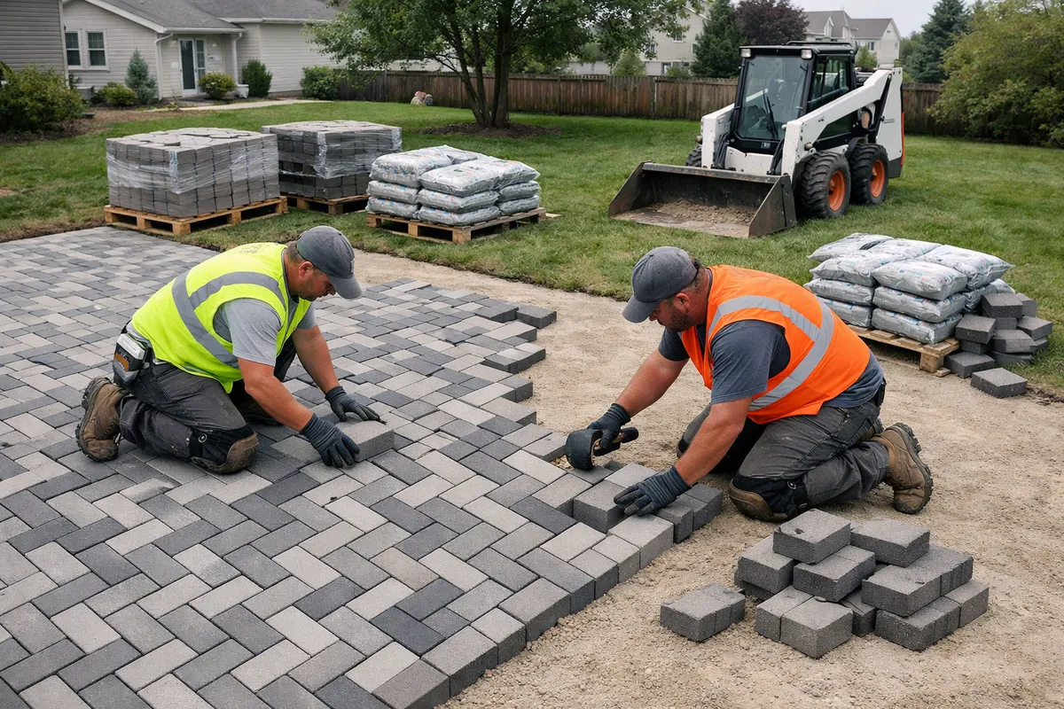 Residential paver patio installation in progress with crew laying interlocking concrete pavers in a herringbone pattern