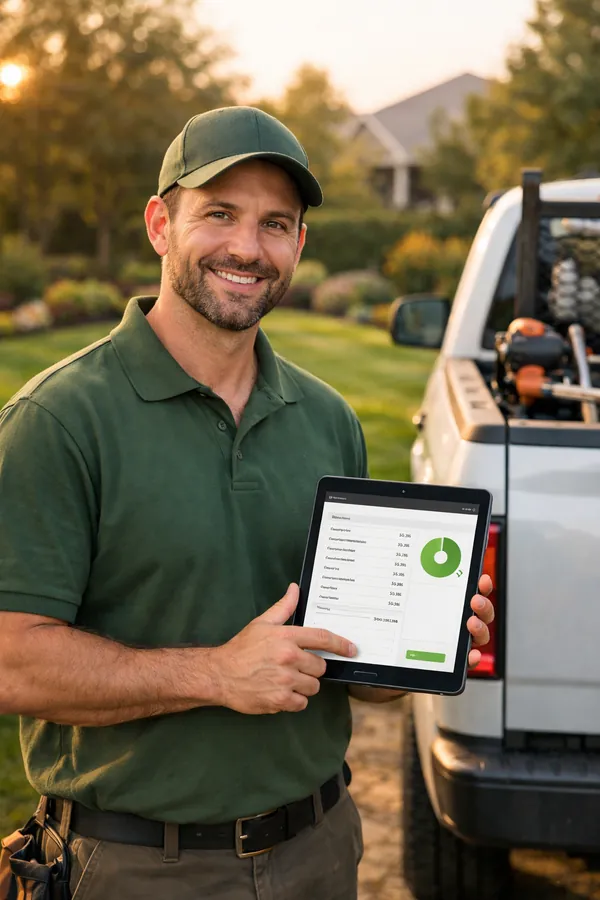 Landscaping contractor reviewing a quote estimate on a tablet before sending a bid at a residential job site