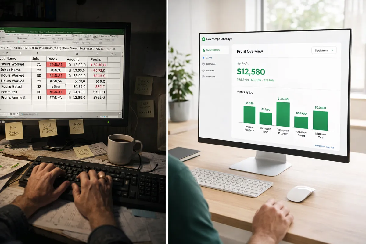 Split comparison: messy landscaping spreadsheet with confusing formulas on left versus clean GreenMargins software dashboard with profit chart on right