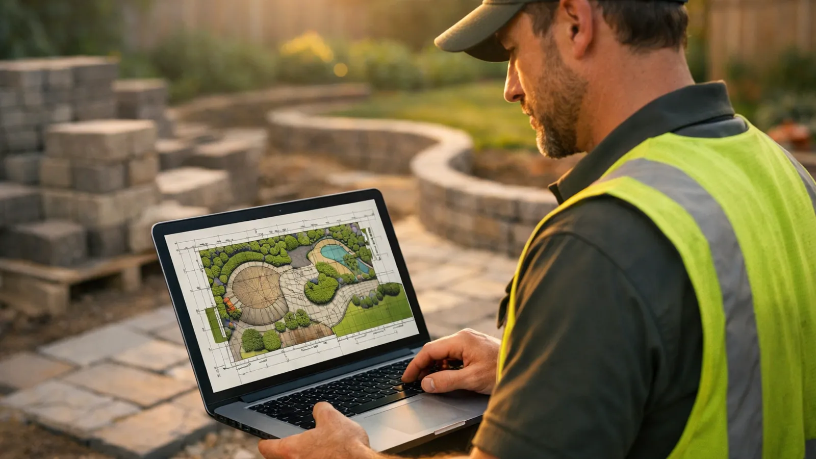 Landscaping contractor reviewing a landscape blueprint with measurement overlays on a laptop at a residential hardscape job site
