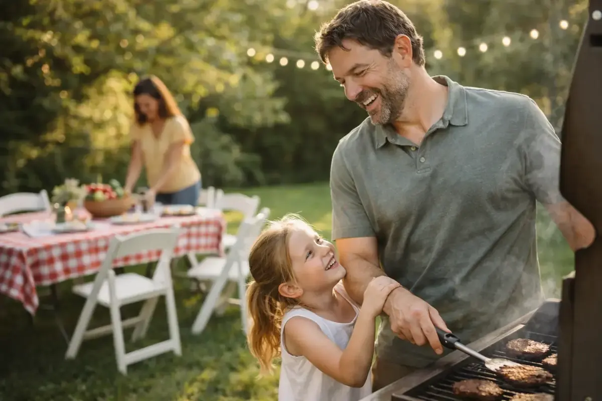 Landscaping business owner relaxing at weekend BBQ with family